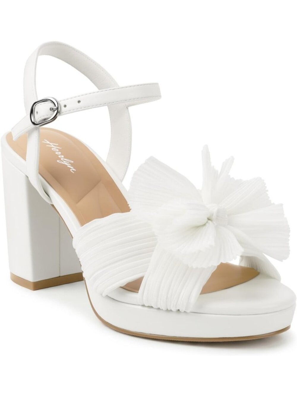 Women's White Open Toe Chunky Bridal Shoes Platform Bow Heels Sandals